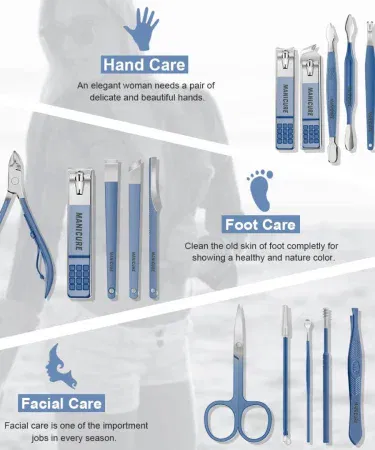 Professional 16-piece stainless steel manicure pedicure grooming kit with nail clippers, cuticle pushers, tweezers, files, and grooming tools