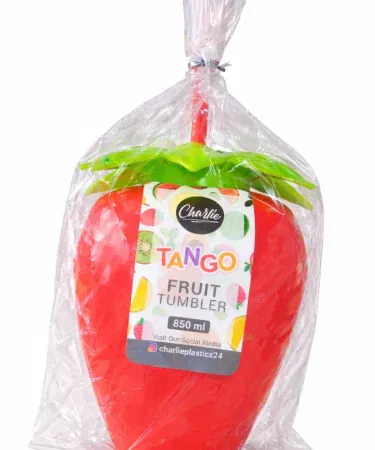 Red strawberry‑shaped 850ml water bottle tumbler with built‑in straw and leak‑proof green lid