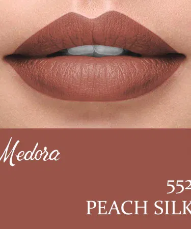 Madora Lipstick Shade 552 Peach Silk – premium matte peach‑nude lipstick for women , imagecaption=Elegant peach‑silk matte lipstick with long‑lasting smooth finish, available on Khareedo | Kharedo ,