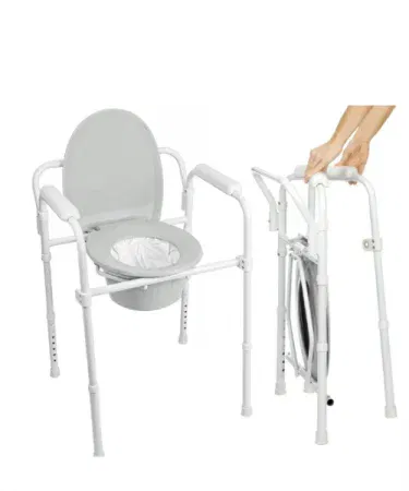 Portable stainless steel adjustable toilet chair – foldable commode seat for home and travel, sturdy height‑adjustable design, rust‑proof steel construction.