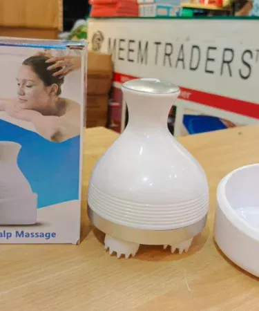 Electric Scalp Massager with vibrating nodes and rechargeable battery, portable design for home and travel use, imagecaption=Portable electric scalp massager delivering soothing vibrations for stress relief and hair health.