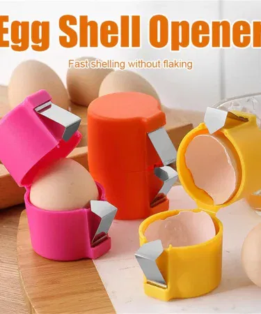 Stainless steel egg shell opener with sleek blade cracking the top of a boiled egg, showing clean, mess‑free opening.
