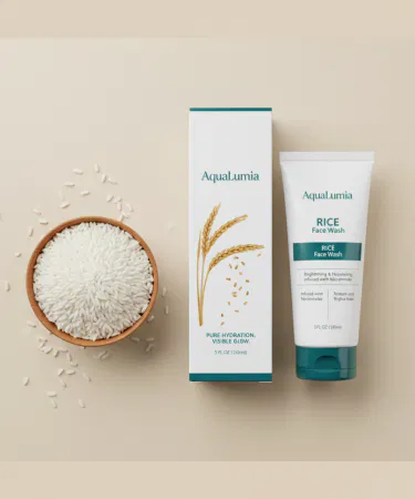 AquaLumia Rice Facewash 100ml tube with premium laminated finish and flip‑top cap, showcasing the product’s sleek packaging and Luminara branding.