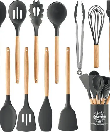 12 pcs premium silicon utensils set with wooden handles and holder – heat resistant up to 446°F, BPA free, perfect for non‑stick cookware