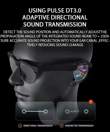 Intelligent Bluetooth Glasses Black – Long Range Audio Gaming VR headset with sleek ABS plastic design, lightweight and adjustable focus, shown on a dark background.
