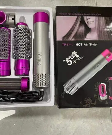 5-in-1 hot air brush dryer straightener curler muff styler on white background