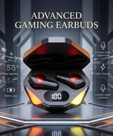 Black gaming earbuds with sleek plastic housing and black finish, perfect for immersive gaming and music , imagecaption=Black Gaming Earbuds – durable plastic design ideal for gamers and music lovers ,
