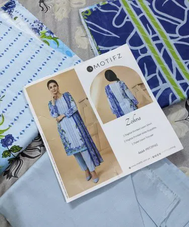 Motifz by Zohra 3‑piece printed lawn shirt, trouser and voil dupatta set , imagecaption=Motifz by Zohra – Elegant 3‑piece printed lawn ensemble ,