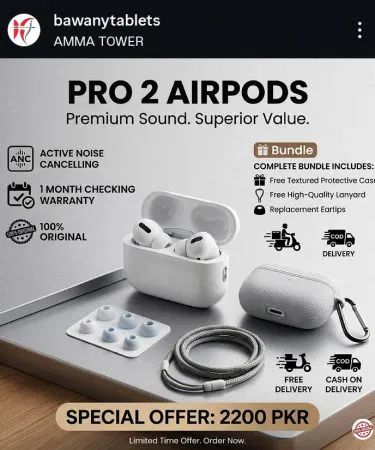 Wireless Pro 2 AirPods White and Black earbuds with charging case displayed on a modern desk, imagecaption=Wireless Pro 2 AirPods – sleek white and black designs available on Khareedo | Kharedo with Check on Delivery service,