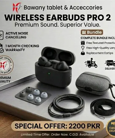 Wireless Pro 2 AirPods White and Black earbuds with charging case displayed on a modern desk, imagecaption=Wireless Pro 2 AirPods – sleek white and black designs available on Khareedo | Kharedo with Check on Delivery service,