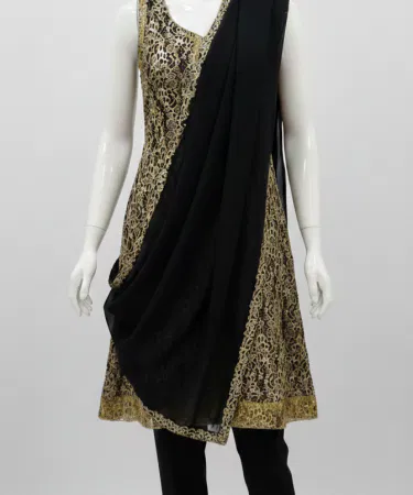 Golden Black Gown with matching Dupatta – elegant designer evening wear, imagecaption=Stunning Golden Black Gown & Dupatta available at Khareedo & Kharedo with Check on Delivery ,