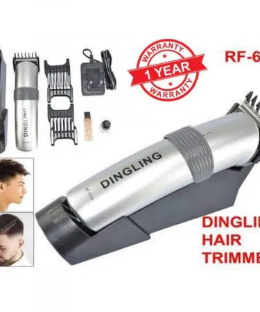 Dingling Hair Trimmer RF-609 sleek ergonomic design with stainless steel blades, easy‑clean head and compact size , imagecaption=Close‑up of Dingling Hair Trimmer RF-609 showcasing smooth trimming capability and 1 year warranty badge ,