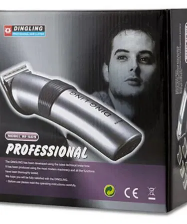 Dingling Hair Trimmer RF-609 sleek ergonomic design with stainless steel blades, easy‑clean head and compact size , imagecaption=Close‑up of Dingling Hair Trimmer RF-609 showcasing smooth trimming capability and 1 year warranty badge ,