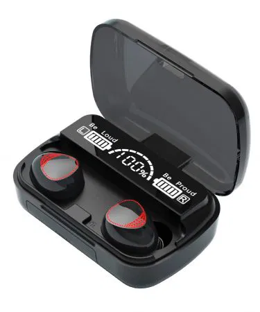 M10 TWS Bluetooth 5.3 Earbuds with LED battery display and charging case, imagecaption=Original M10 wireless earbuds – LED digital display, Bluetooth 5.3 connectivity, built‑in microphone, and portable charging case.