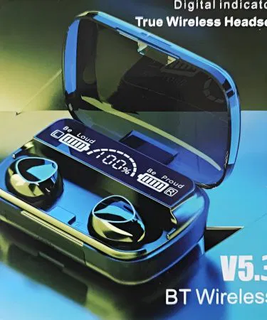 M10 TWS Bluetooth 5.3 Earbuds with LED battery display and charging case, imagecaption=Original M10 wireless earbuds – LED digital display, Bluetooth 5.3 connectivity, built‑in microphone, and portable charging case.
