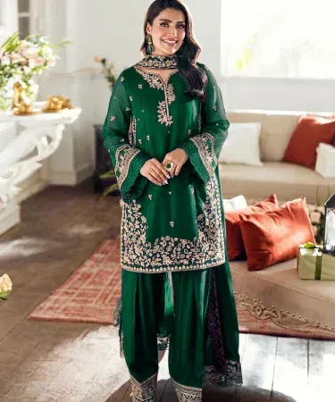 Green embroidered 3‑piece women’s dress set – cotton shirt, shalwar and chiffon dupatta on a white background