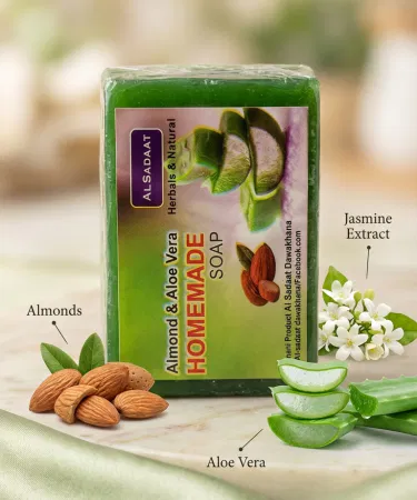 Al Sadaat Herbalist Homemade Soap with Almond & Aloe Vera – natural herbal soap in a green packaging, showing almond and aloe vera leaves.