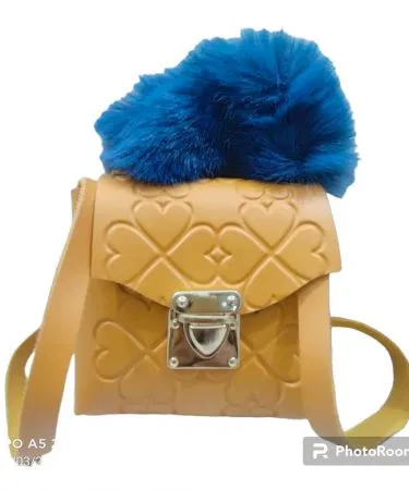 Embossed fur handle crossbody bag with long strap and fur trim on premium Liza leather, showcasing button closure and embossed front back design.