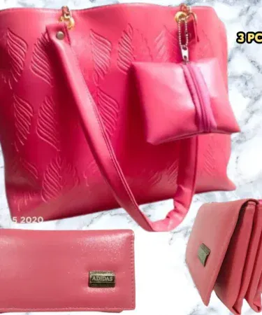 Elegant 3‑Piece Pink Handbag Set – shoulder bag, double flap wallet, and mini pouch displayed on a white background