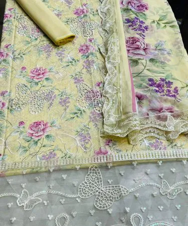 Maria B Dress premium lawn outfit with butterfly patches, heavy chicken kari front, printed back and sleeves, dyed trouser, and chiffon dupatta with cutwork and embroidered patches, imagecaption=Maria B Dress – Luxury Lawn Dress with Butterfly Design, available at Khareedo & Kharedo.