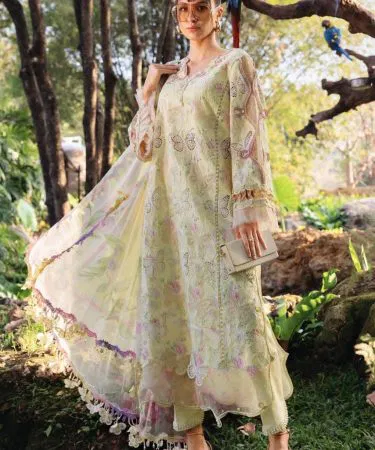 Maria B Dress premium lawn outfit with butterfly patches, heavy chicken kari front, printed back and sleeves, dyed trouser, and chiffon dupatta with cutwork and embroidered patches, imagecaption=Maria B Dress – Luxury Lawn Dress with Butterfly Design, available at Khareedo & Kharedo.