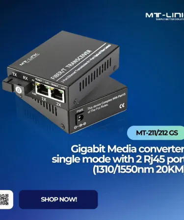 MT LINK MT‑211GS/212GS media converter pair with power cables and user manual