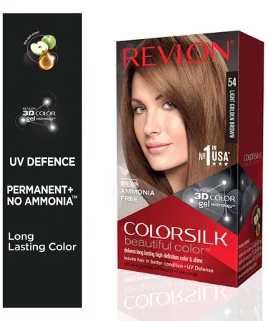 REVLON Silk Light Golden Brown Hair Color 54 tube with vibrant golden‑brown shade, imagecaption=REVLON Silk Light Golden Brown Hair Color 54 – premium, silk‑infused hair dye for a radiant, long‑lasting golden‑brown look.
