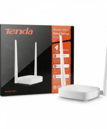 Tenda N301 Wireless WiFi Router and Wi‑Fi Repeater 300Mbps front view, showing two external antennas and LED indicators.