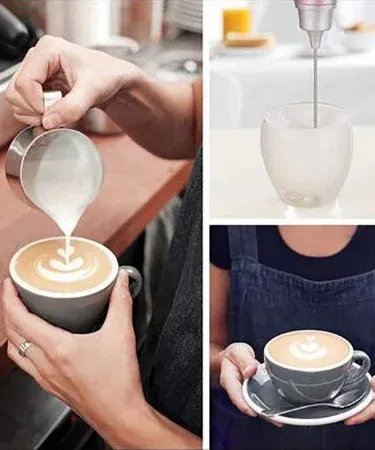 Rechargeable coffee frother handheld USB‑rechargeable milk frother with stainless‑steel whisk creating creamy foam,imagecaption=Handheld rechargeable coffee frother – perfect for cappuccino, latte, milkshake and travel.