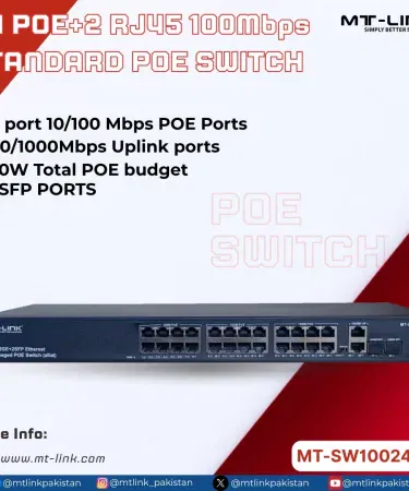 MT‑SW1024PE 24FE POE+ 2GE + 1G SFP Uplink POE Switch front view, steel chassis, ports highlighted , imagecaption=MT‑SW1024PE POE Switch – 24 POE ports, 2 Gigabit uplinks, 1 G SFP, 320 W power budget – available on Khareedo | Kharedo Pakistan ,