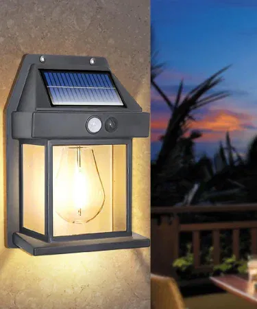 Solar Charge Motion Sensor Waterproof Wall Lamp 888 installed on an outdoor wall, solar powered LED lighting, IP65 waterproof design, motion detection activation, eco‑friendly illumination,