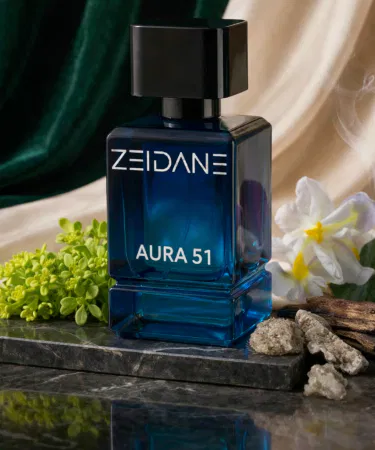 Aura51 50ML Perfume bottle with elegant green label and gold cap, imagecaption=Aura51 50ML long‑lasting perfume – Lemon Verbena, Iris & Sandalwood fragrance – available on Khareedo & Kharedo.