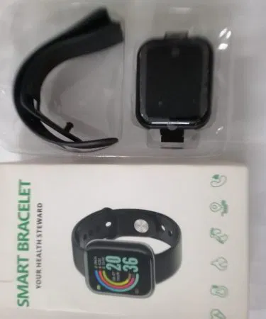 Smart Bracelet D20 sport smartwatch with 1.3 inch square display, alloy case and silica gel strap, waterproof and fitness tracking features.
