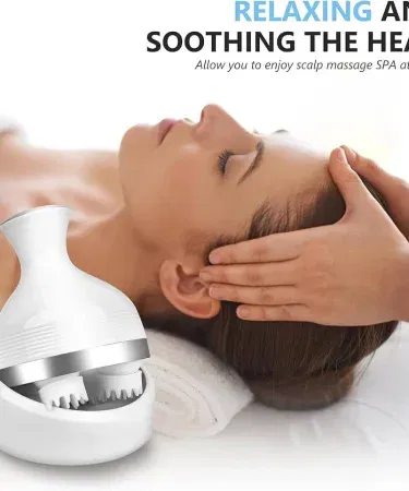 Electric Scalp Massager with vibrating nodes and rechargeable battery, portable design for home and travel use, imagecaption=Portable electric scalp massager delivering soothing vibrations for stress relief and hair health.