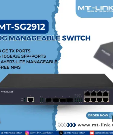 MT‑LINK MT‑SG2912 10G L3‑Lite stackable managed switch – front view with ports and LEDs