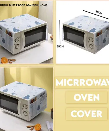 Microwave dust cover with double side pockets, waterproof and oilproof, placed on kitchen counter , imagecaption=Microwave Dust Cover – Double Side Pockets, Waterproof & Oilproof – Available at Khareedo/Kharedo ,