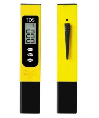 Portable LCD Digital TDS Water Quality Tester showing LCD screen and probe, imagecaption=Compact TDS water tester ideal for aquarium, pool and drinking water testing.