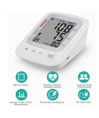 Automatic digital blood pressure monitor with large upper‑arm cuff and colorful LED display, imagecaption=Front view of the automatic digital BP monitor showing the LED screen and USB charging port,