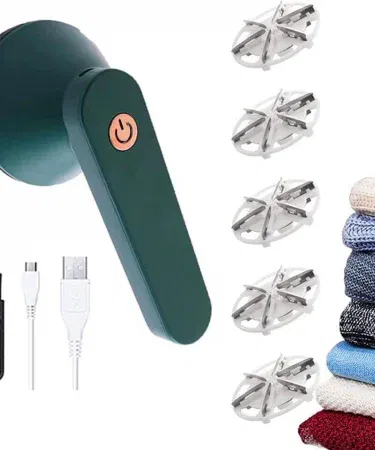 Portable rechargeable lint remover with USB charging and stainless steel blades, perfect for removing fuzz and pills from clothes and fabrics
