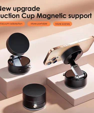 Portable Multi Functional Vacuum Suction Mobile Phone Stand attached to a car dashboard, desk, and kitchen countertop – strong suction grip for all smartphones, imagecaption=Strong suction phone holder for car, desk & home – portable, compact, and universal compatibility.