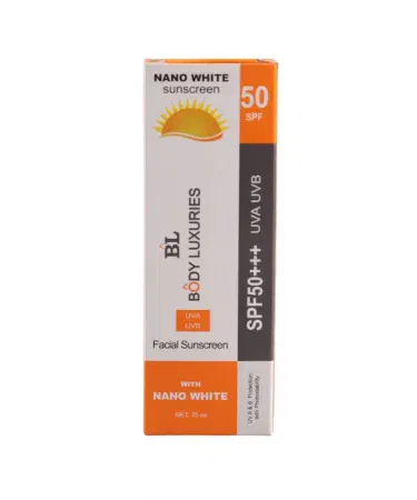 Body Luxuries Nano White Facial Sunscreen SPF 50+ PA++++ 75ml tube with bright white packaging, imagecaption=Body Luxuries Nano White Facial Sunscreen – Ultra high protection SPF 50+ PA++++ for men and women, available on Khareedo.