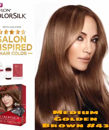 Revlon Colorsilk Hair Color 43 Medium Golden Brown bottle with golden brown hair strands background