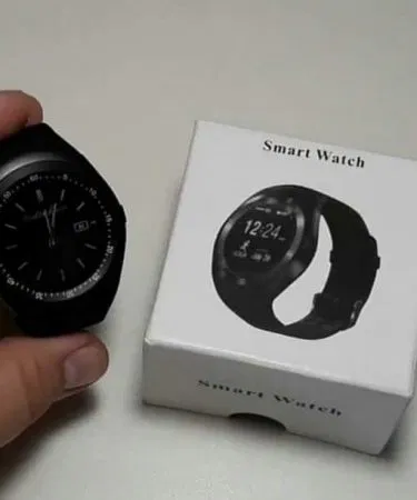 Smart Watch Y1S Sim and SD Card Slot with round capacitive touch display, dual SIM and TF card slots, showing health tracking features and notification icons.