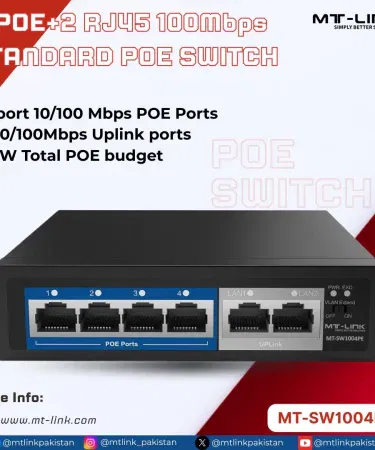 MT‑LINK POE Switch SW1004PE front view showing 4 PoE ports and 2 RJ45 uplink ports , imagecaption=MT‑LINK POE Switch 4 POE+2RJ45 100Mbps (SW1004PE) – Compact unmanaged PoE switch with 58 W power budget and 1 year warranty .