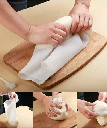 Silicone Dough Kneading Bag – transparent non‑stick silicone bag for kneading bread, pizza and pastry dough, imagecaption=Reusable silicone dough kneading bag with measurement markings – perfect for hassle‑free baking,