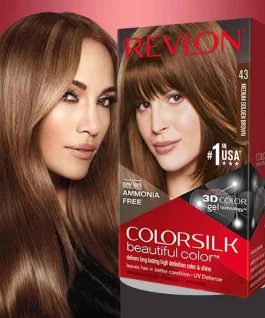 Revlon Colorsilk Hair Color 43 Medium Golden Brown bottle with golden brown hair strands background