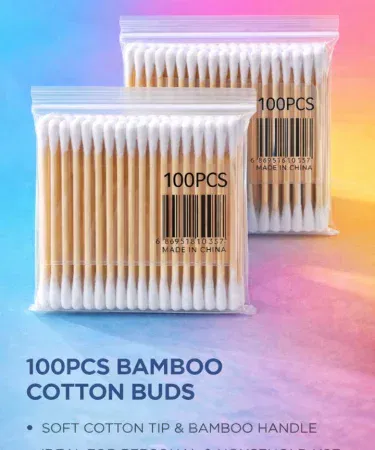 100 PCS Cotton Buds Bamboo Sticks – Soft Cotton Ear Cleaning Swabs – Multipurpose Cotton Swabs for Makeup, Baby Care & Personal Hygiene, imagecaption=Premium eco‑friendly cotton buds with soft tips and bamboo handles, perfect for ear cleaning, makeup, baby care and household use.