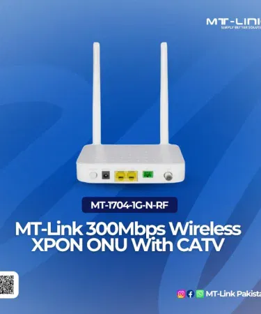 MT‑LINK MT‑1704‑1G‑N‑RF 300 Mbps Wireless XPON ONU Router with CATV front view, imagecaption=MT‑LINK Fiber Router MT‑1704‑1G‑N‑RF – 300 Mbps Wireless XPON ONU with CATV.