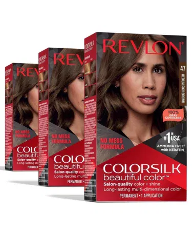 Revlon Colorsilk Hair Color 47 Medium Rich Brown tube with brush, showing rich brown shade