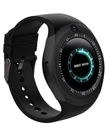 Smart Watch Y1S Sim and SD Card Slot with round capacitive touch display, dual SIM and TF card slots, showing health tracking features and notification icons.